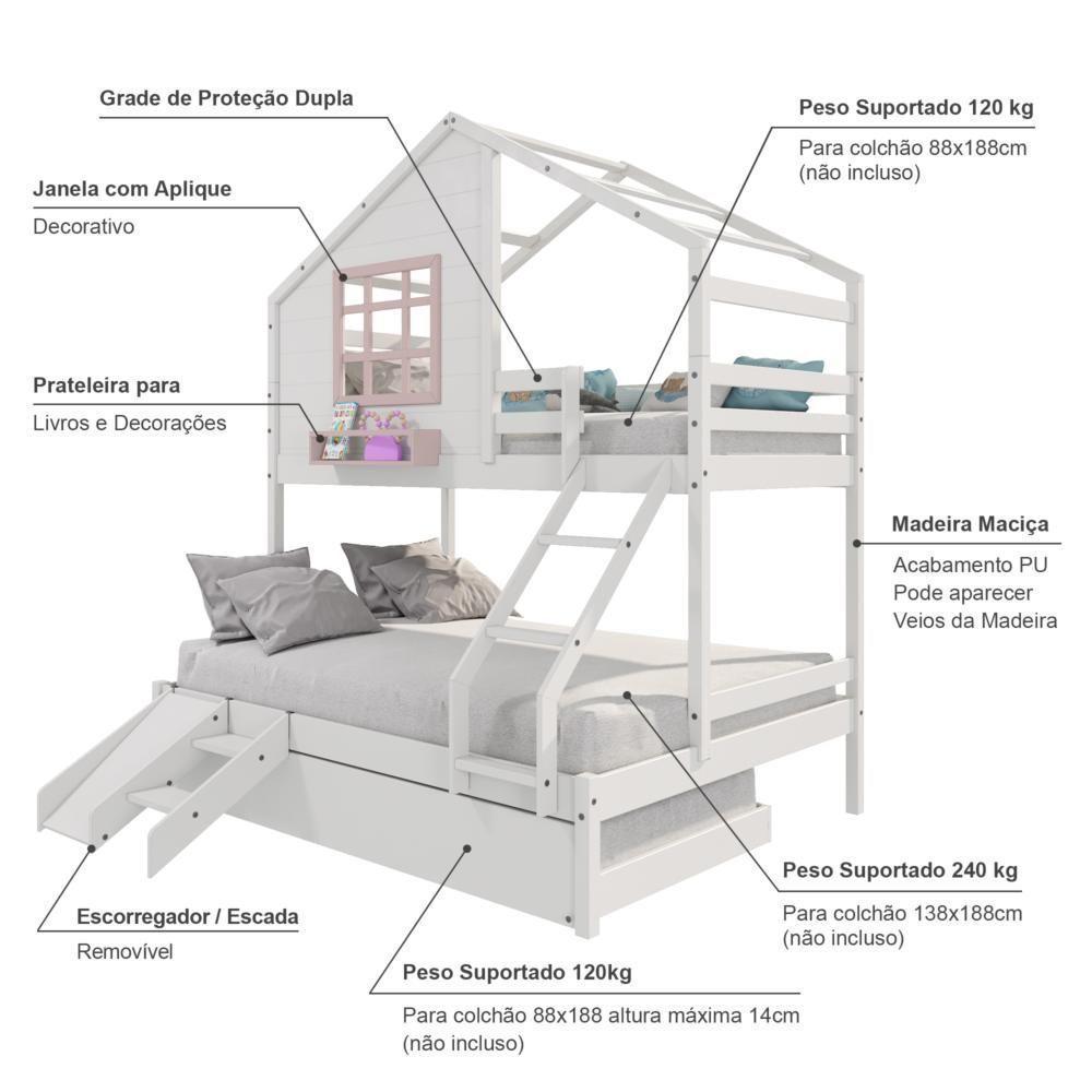 Treliche Casinha Com Janela Casal-Solteiro Com Escada-escorregador Madeira Maciça Branco- Rosa - 5