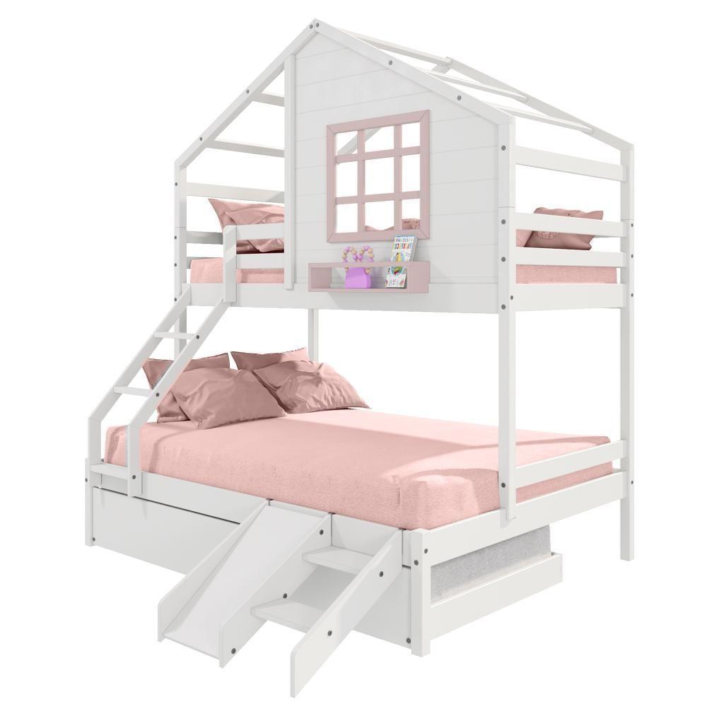 Treliche Casinha Com Janela Casal-Solteiro Com Escada-escorregador Madeira Maciça Branco- Rosa - 6