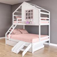 Treliche Casinha Com Janela Casal-Solteiro Com Escada-escorregador Madeira Maciça Branco- Rosa - 1