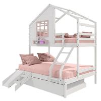 Treliche Casinha Com Janela Casal-Solteiro Com Escada-escorregador Madeira Maciça Branco- Rosa - 3