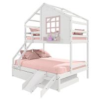 Treliche Casinha Com Janela Casal-Solteiro Com Escada-escorregador Madeira Maciça Branco- Rosa - 6