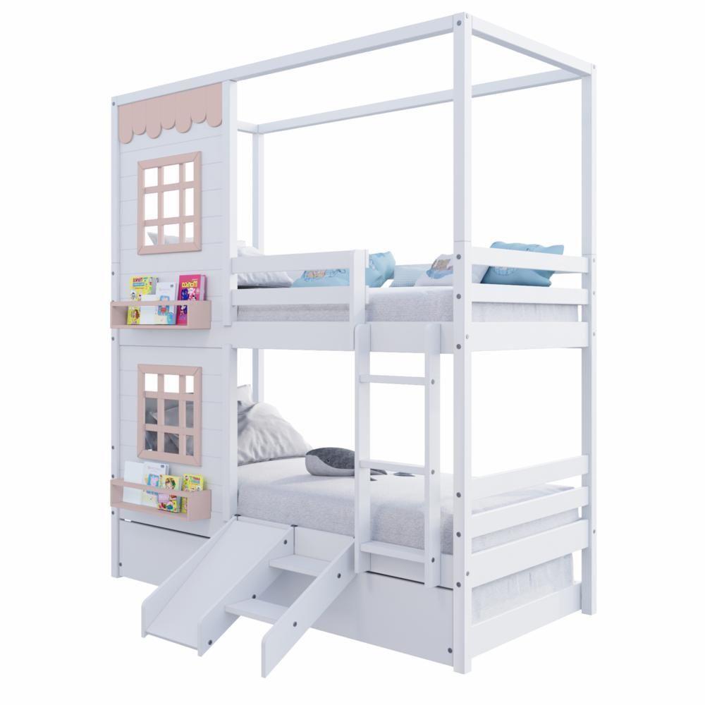 Treliche Casinha Reta Com 02 Janelas E Escorregador Madeira Maciça Branco/ Rosa Housin - 3