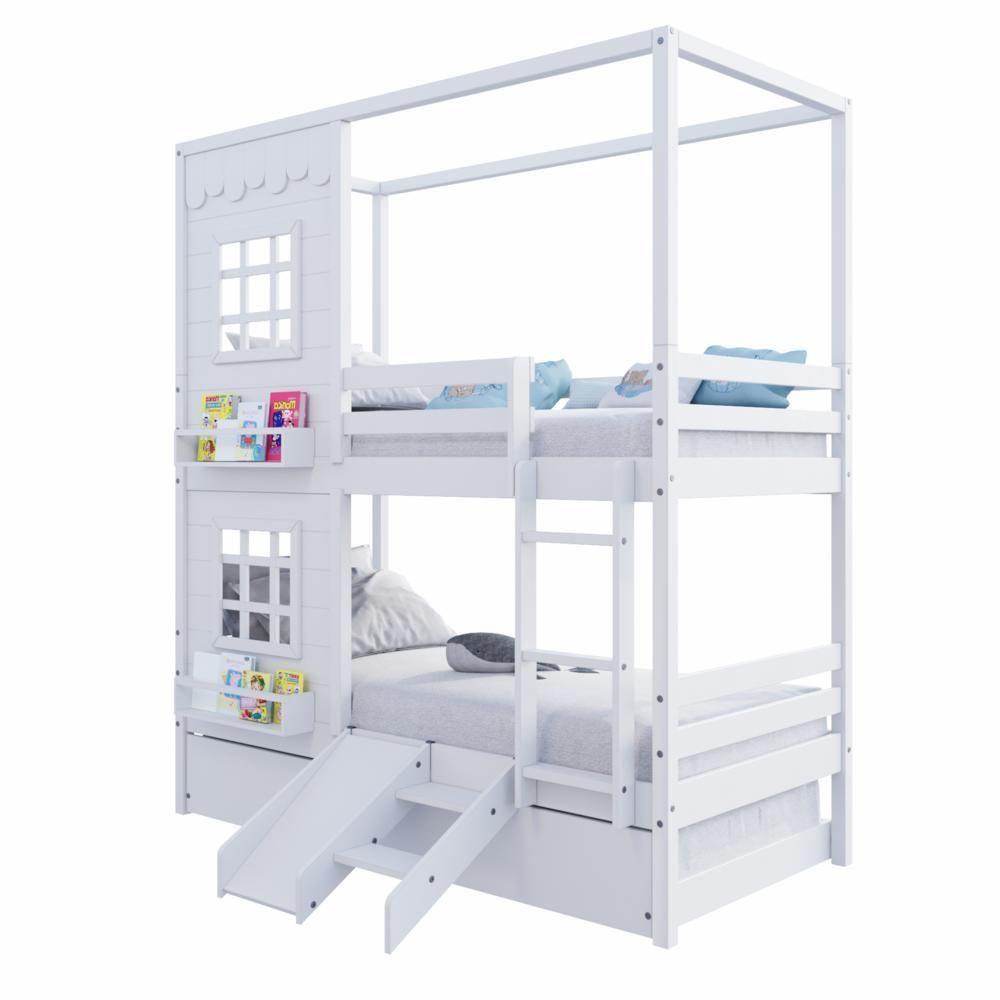 Treliche Casinha Reta Com 02 Janelas E Escorregador Madeira Maciça Branco Housin - 3