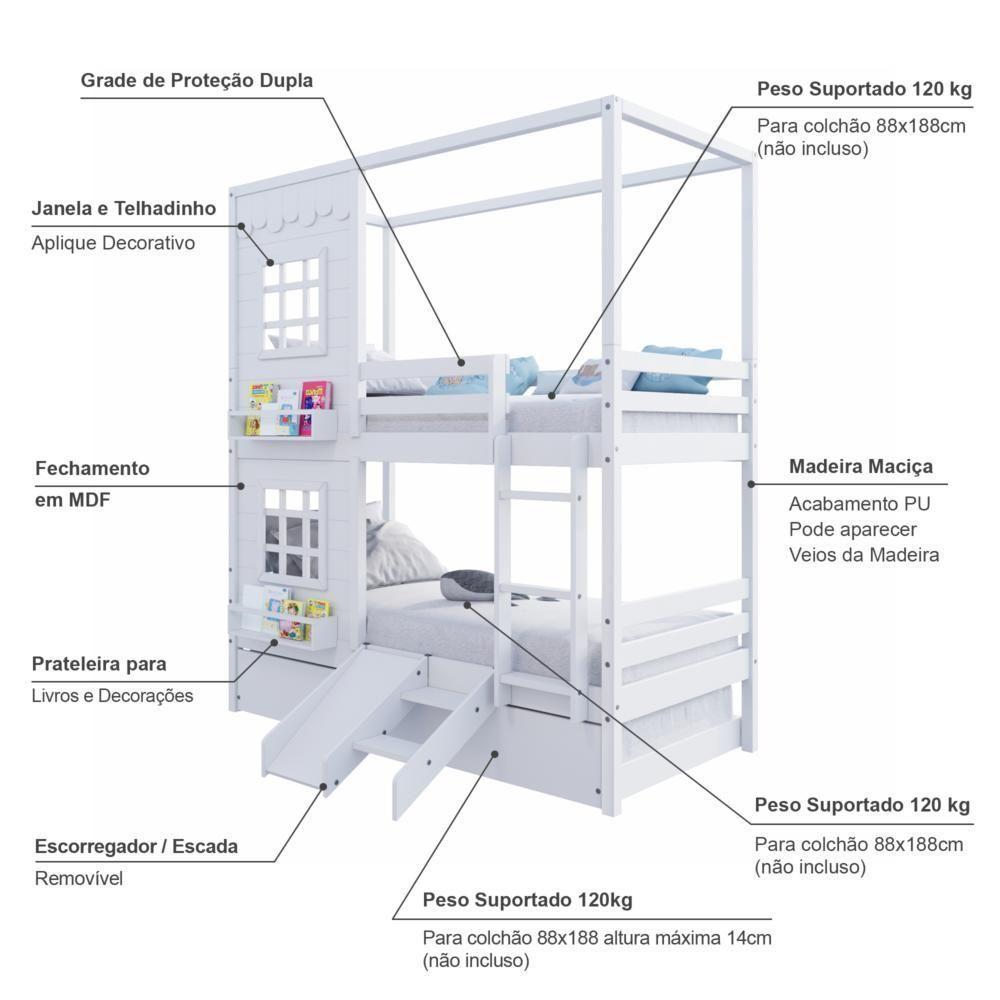Treliche Casinha Reta Com 02 Janelas E Escorregador Madeira Maciça Branco Housin - 5