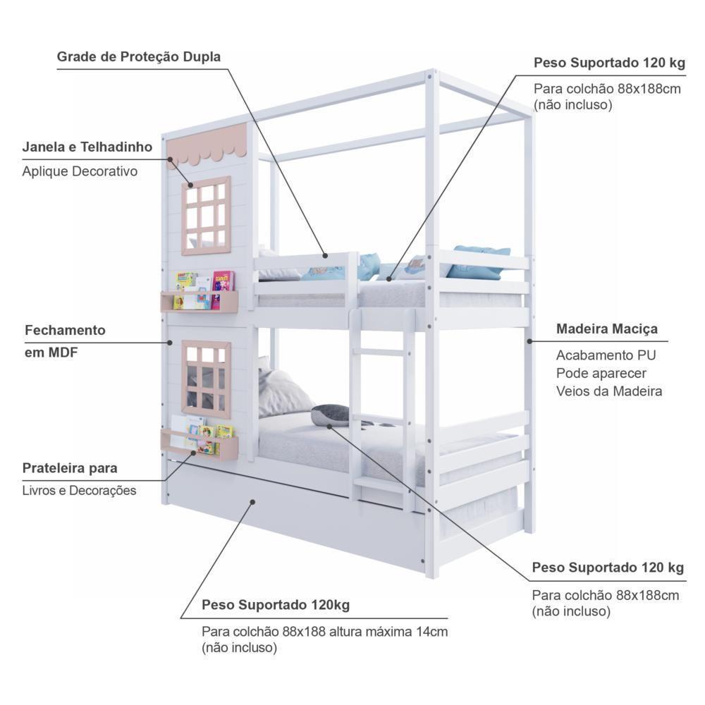 Treliche Casinha Reta Com 02 Janelas Madeira Maciça Branco/ Rosa Housin - 2