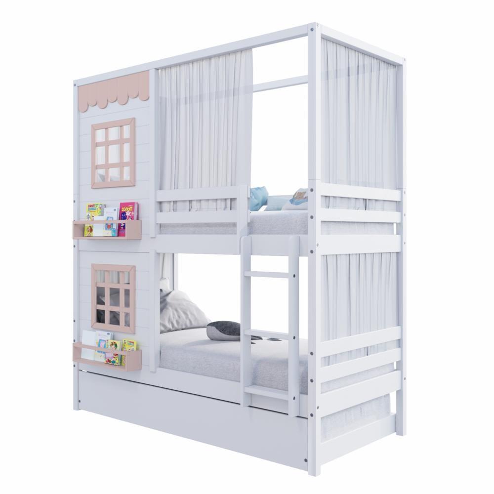 Treliche Casinha Reta Com 02 Janelas E Cortina Madeira Maciça Branco/ Rosa Housin - 3