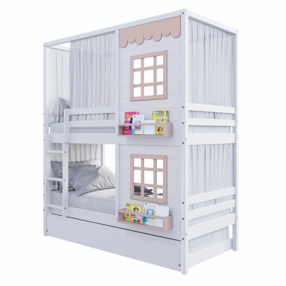 Treliche Casinha Reta Com 02 Janelas E Cortina Madeira Maciça Branco/ Rosa Housin - 6