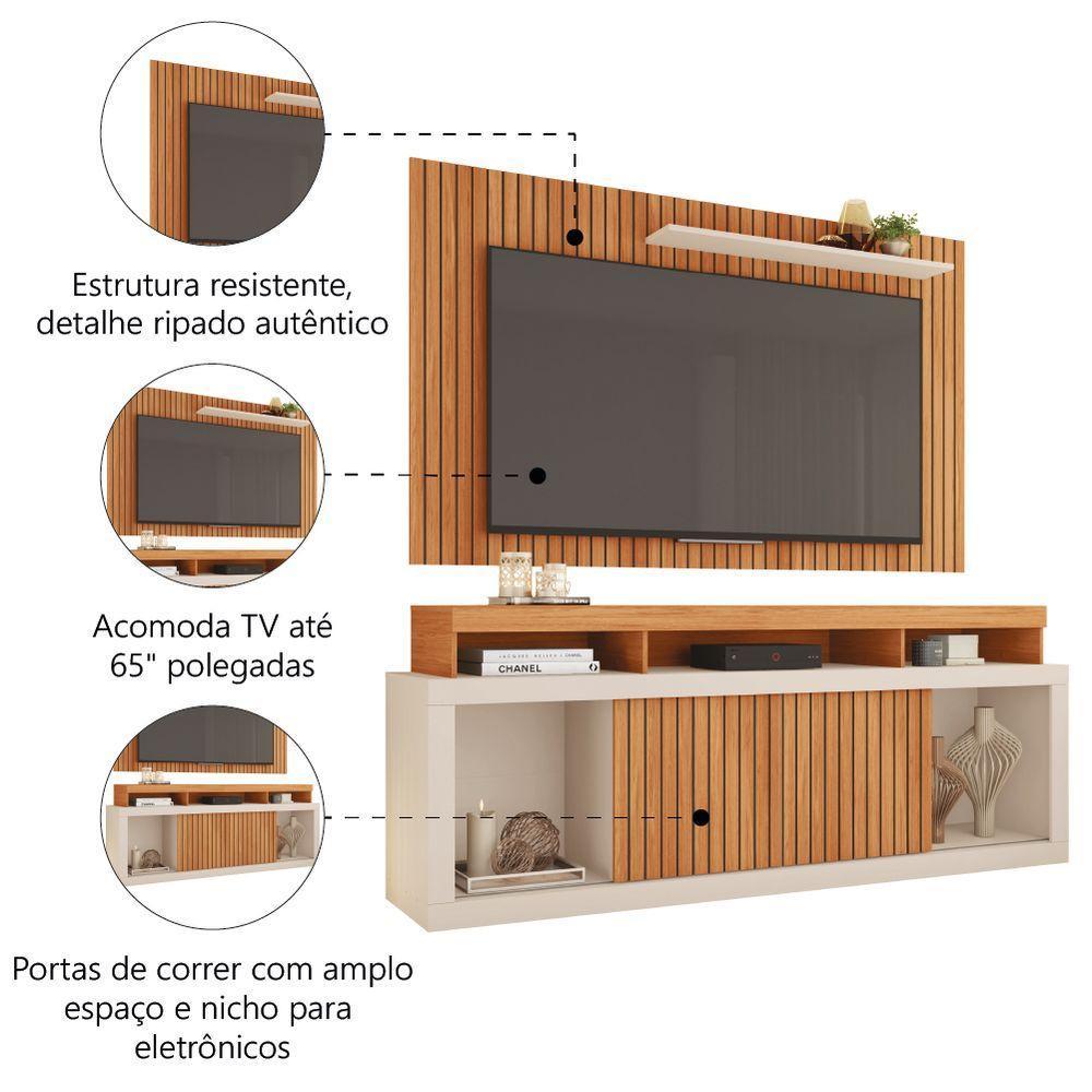 Rack Bancada Com Painel Ripado Para Tv Até 65 Polegadas 1,80m Panamá Buriti / Off White Caemmun - 3