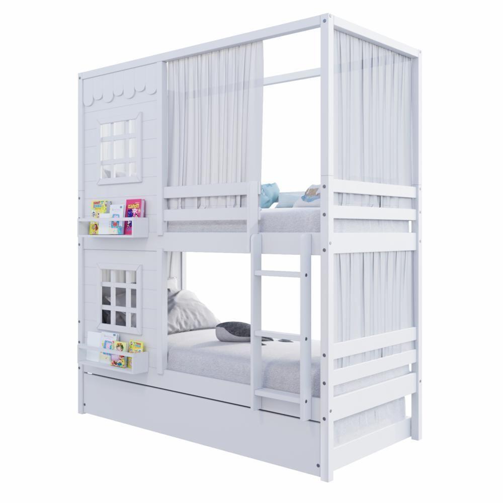 Treliche Casinha Reta Com 02 Janelas E Cortina Madeira Maciça Branco Housin - 3