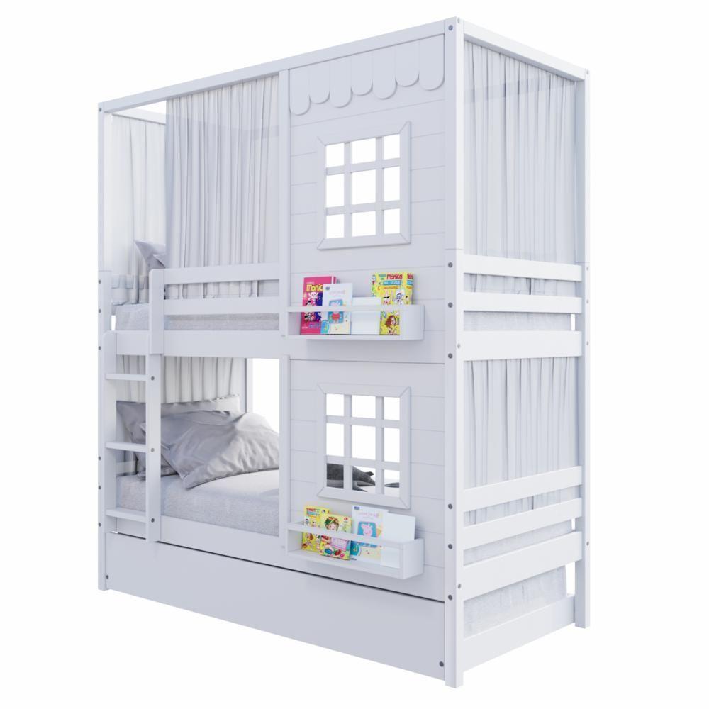 Treliche Casinha Reta Com 02 Janelas E Cortina Madeira Maciça Branco Housin - 6