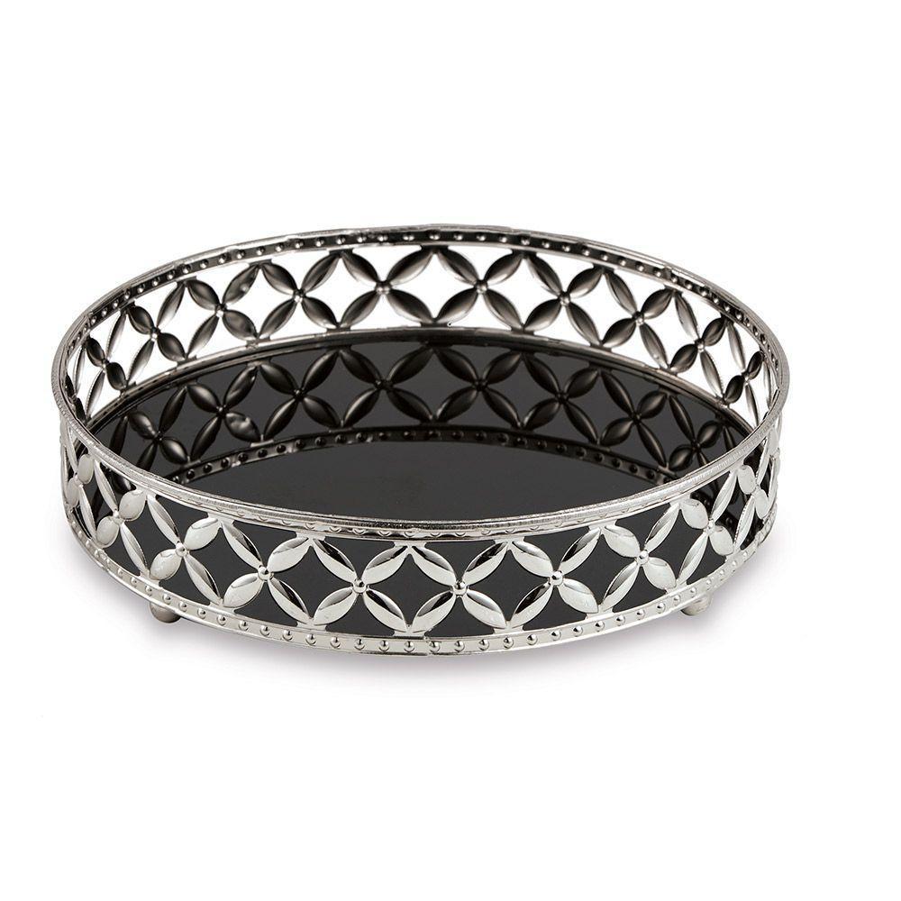 Bandeja Redonda em Metal Prata Com Espelho Preto 5x24,5 Cm - 2