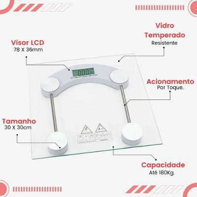 Balança Digital Corporal De Vidro Temperado Eletrônica Quadrada Transparente De Chão 180kg