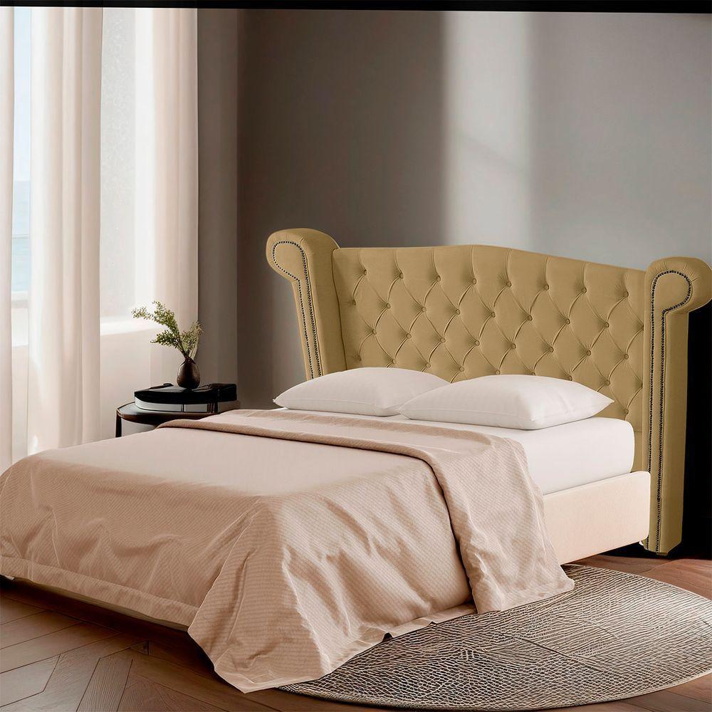 Cabeceira Casal Queen Size Estofada Para Cama Box Ayla Veludo Bege Escuro - 6