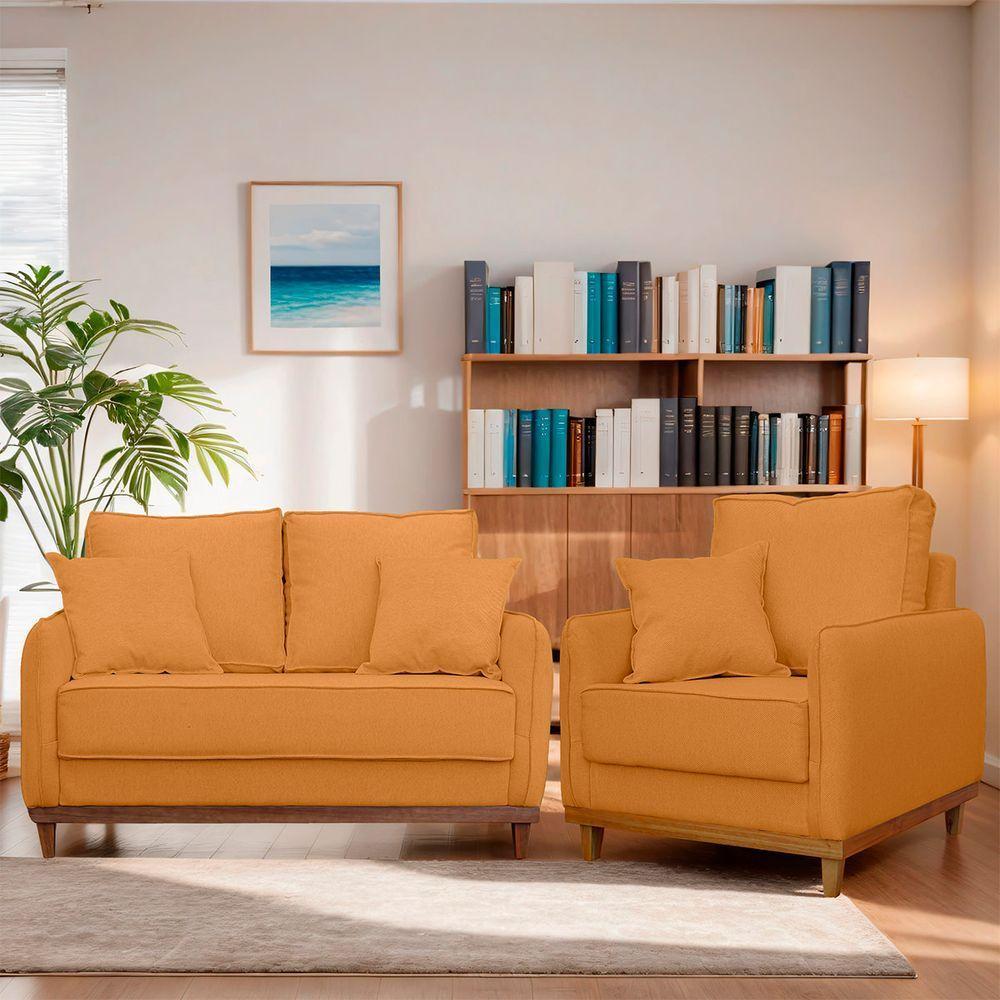 Kit Poltrona E Sofa Sena 2 Lugar Base De Madeira Para Sala Hotel Linho Terra Cota - 9