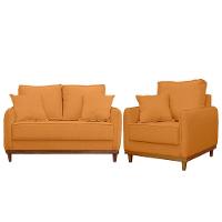 Kit Poltrona E Sofa Sena 2 Lugar Base De Madeira Para Sala Hotel Linho Terra Cota - 1