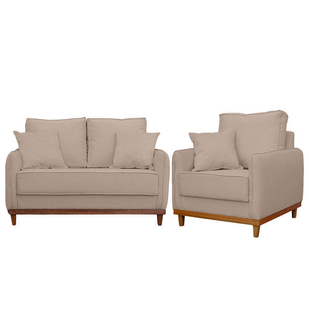 Kit Poltrona E Sofa Sena 2 Lugar Base De Madeira Para Sala Hotel Linho Bege - 1