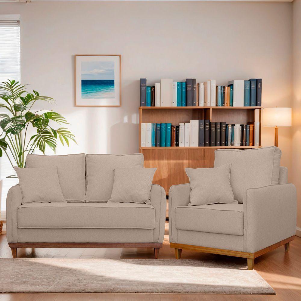 Kit Poltrona E Sofa Sena 2 Lugar Base De Madeira Para Sala Hotel Linho Bege - 9