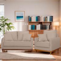 Kit Poltrona E Sofa Sena 2 Lugar Base De Madeira Para Sala Hotel Linho Bege - 9