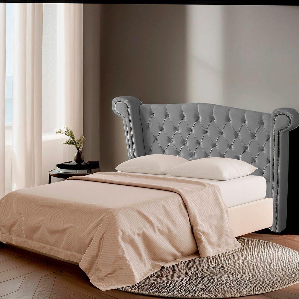 Cabeceira Casal Estofada Para Cama Box Ayla Veludo Cor Cinza Claro - 6
