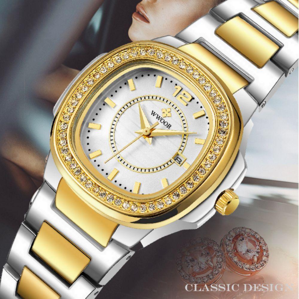 Relógio Feminino Quadrado Com Strass Pulseira Em Aço Inoxidavel Impermeavel Branco Dourado - 4