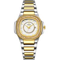 Relógio Feminino Quadrado Com Strass Pulseira Em Aço Inoxidavel Impermeavel Branco Dourado - 1