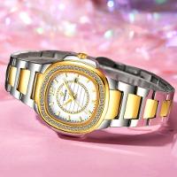 Relógio Feminino Quadrado Com Strass Pulseira Em Aço Inoxidavel Impermeavel Branco Dourado - 2