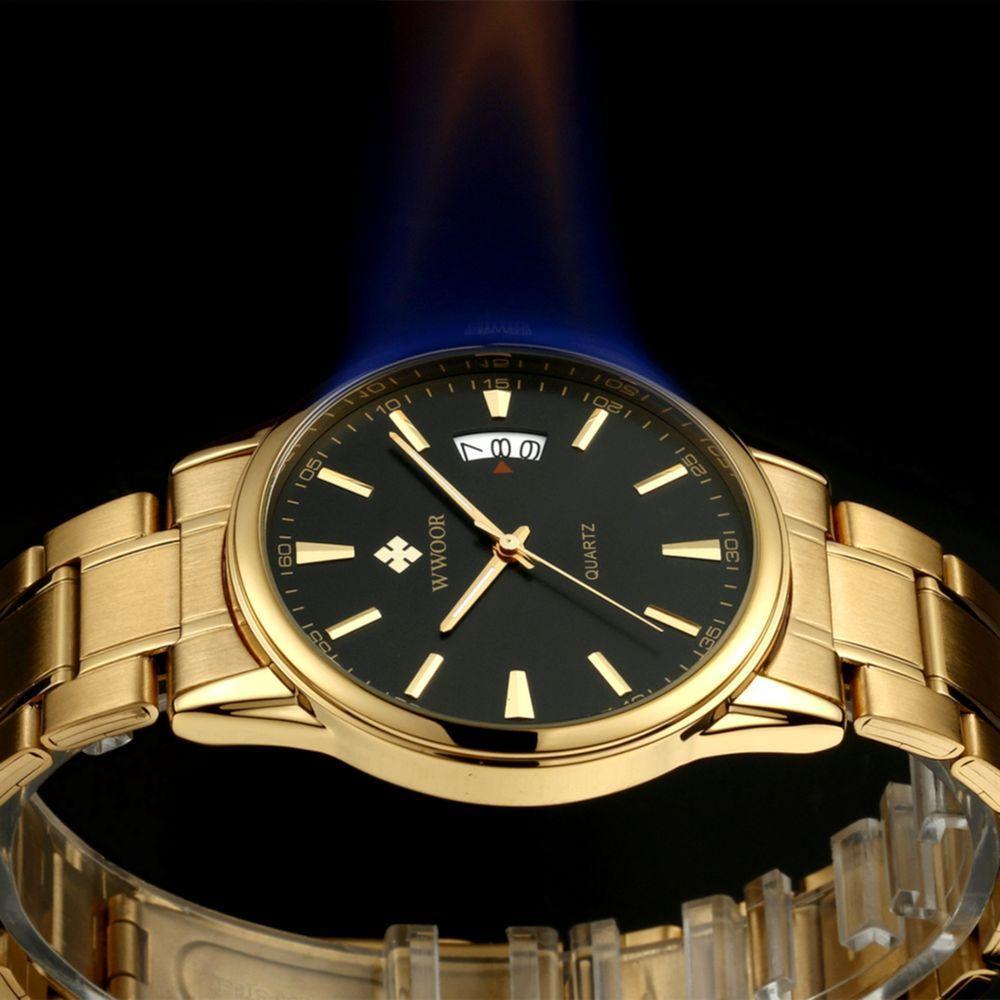 Relógio Masculino Quartzo Dourado Em Aço Inoxidável á Prova D´agua Preto Dourado - 4