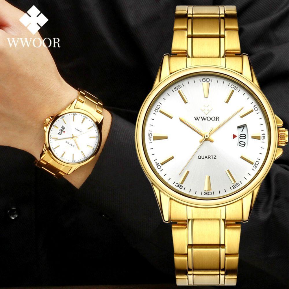 Relógio Masculino Quartzo Dourado Em Aço Inoxidável á Prova D´agua Branco Dourado - 2