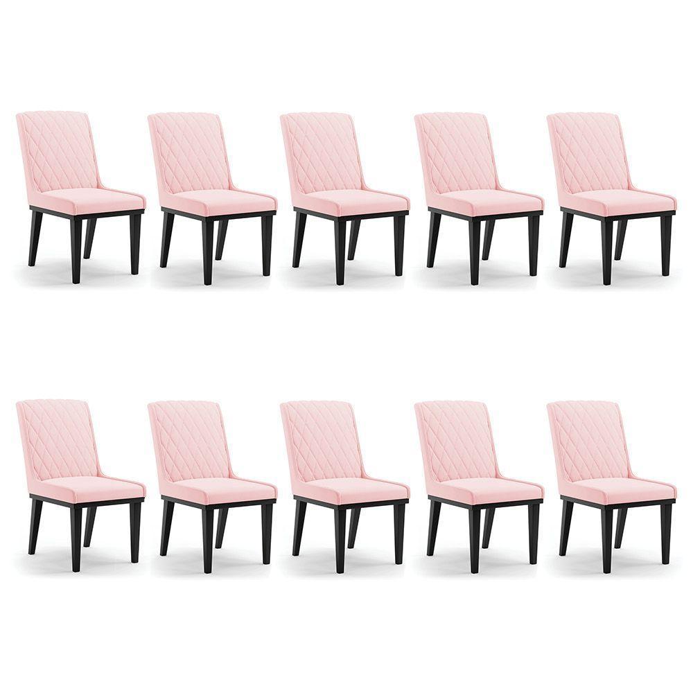 Cadeira Sala De Jantar Base Madeira Preto Kit 10 Sofia Suede D03 - D'rossi Cor Rosa Bebê - 1