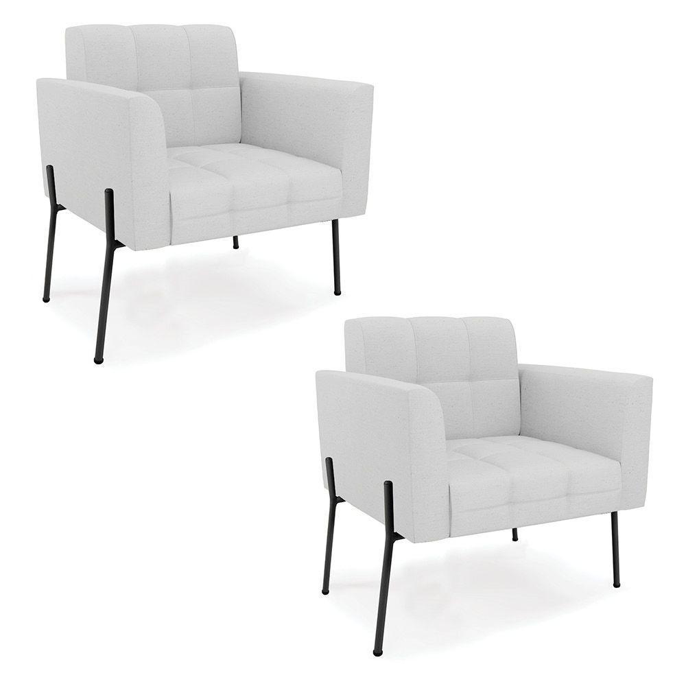 Poltrona Pé De Ferro Preto Para Sala Kit 2 Elisa Linho Cinza A05 D03 - D'rossi - 1