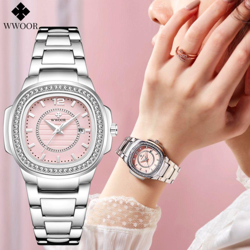Relógio Feminino Quadrado Com Strass Pulseira Em Aço Inoxidavel Impermeavel Rosa - 2
