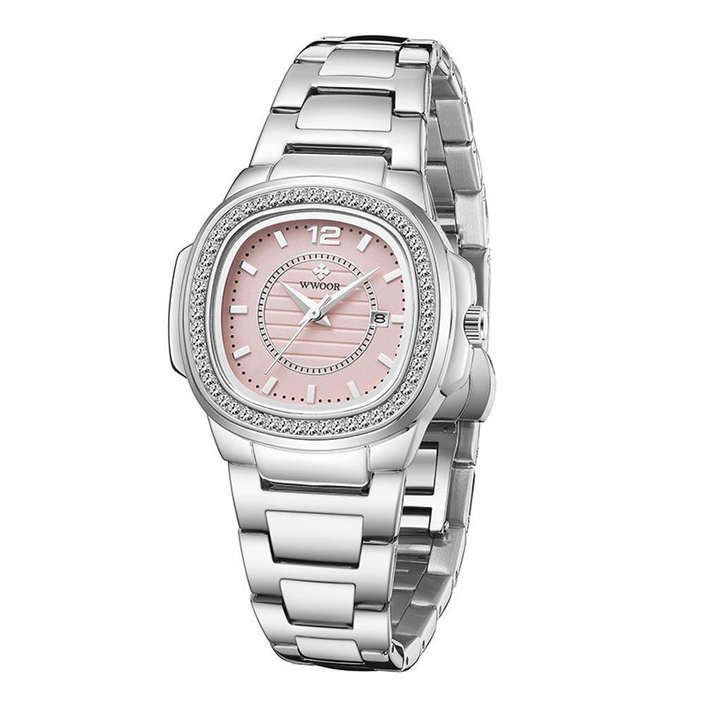 Relógio Feminino Quadrado Com Strass Pulseira Em Aço Inoxidavel Impermeavel Rosa - 3
