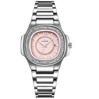Relógio Feminino Quadrado Com Strass Pulseira Em Aço Inoxidavel Impermeavel Rosa - 1