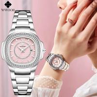 Relógio Feminino Quadrado Com Strass Pulseira Em Aço Inoxidavel Impermeavel Rosa - 2