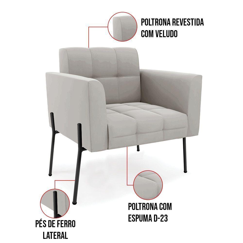 Poltrona Pé De Ferro Preto Para Sala Kit 2 Elisa Veludo D03 - D'rossi Cor Cinza - 2