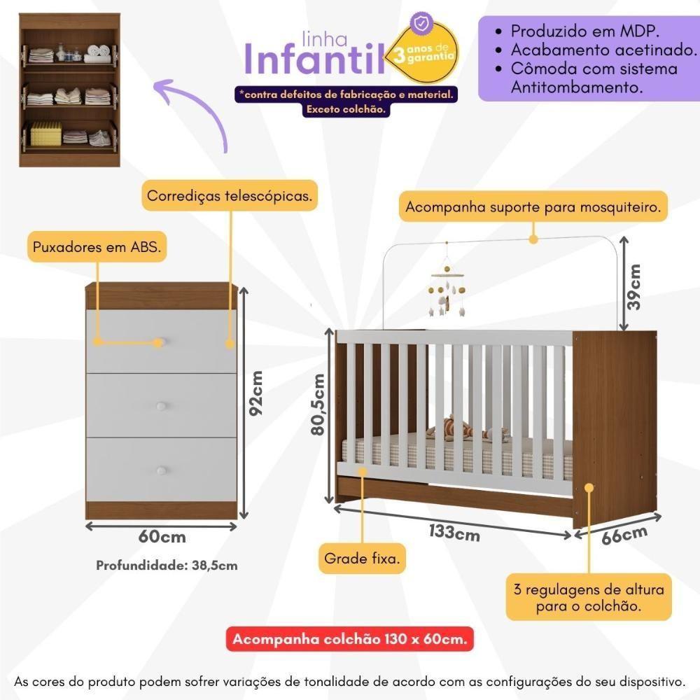 Berço 3 Em 1 Com Cômoda 3 Gavetas E Colchão Incluso Doce De Leite Multimóveis Mp4240 Madeirado/branco - 6