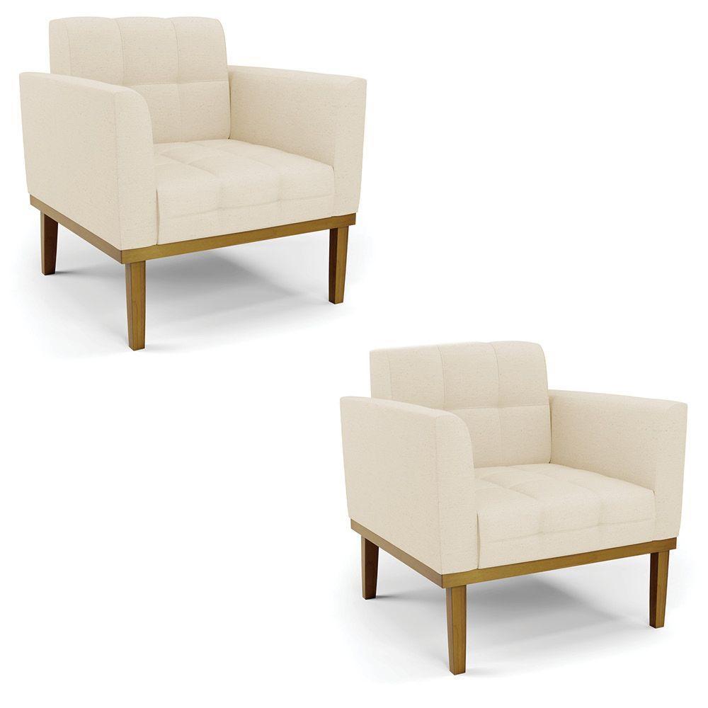 Poltrona Base De Madeira Fixa Castanho Kit 2 Elisa Linho Bege A19 D03 - D'rossi - 1