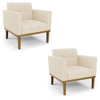 Poltrona Base De Madeira Fixa Castanho Kit 2 Elisa Linho Bege A19 D03 - D'rossi - 1