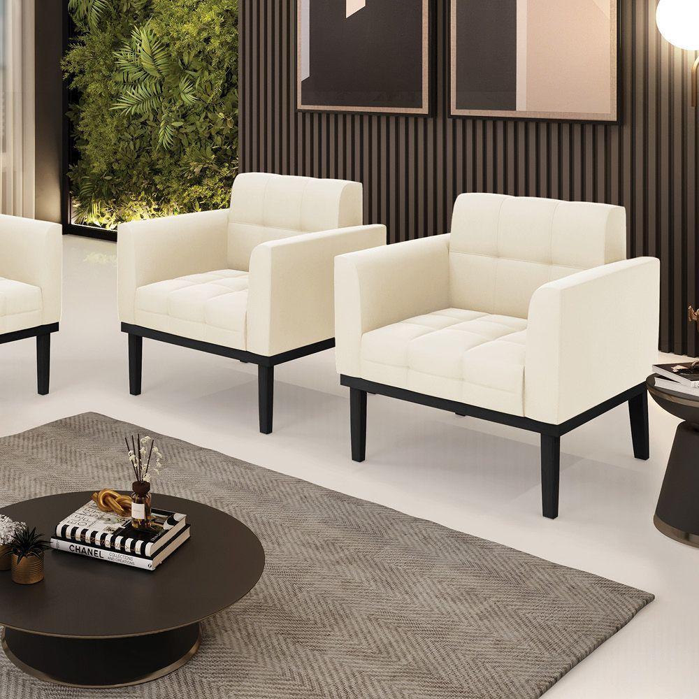 Poltrona Base De Madeira Fixa Preto Kit 2 Elisa Veludo D03 - D'rossi Cor Bege - 6