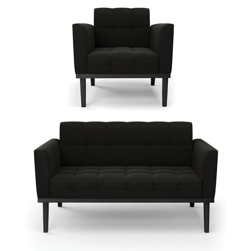 Sofá Namoradeira E Poltrona Base De Madeira Preto Elisa Suede D03 - D'rossi Cor Preto - 1