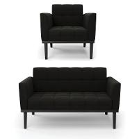 Sofá Namoradeira E Poltrona Base De Madeira Preto Elisa Suede D03 - D'rossi Cor Preto - 1