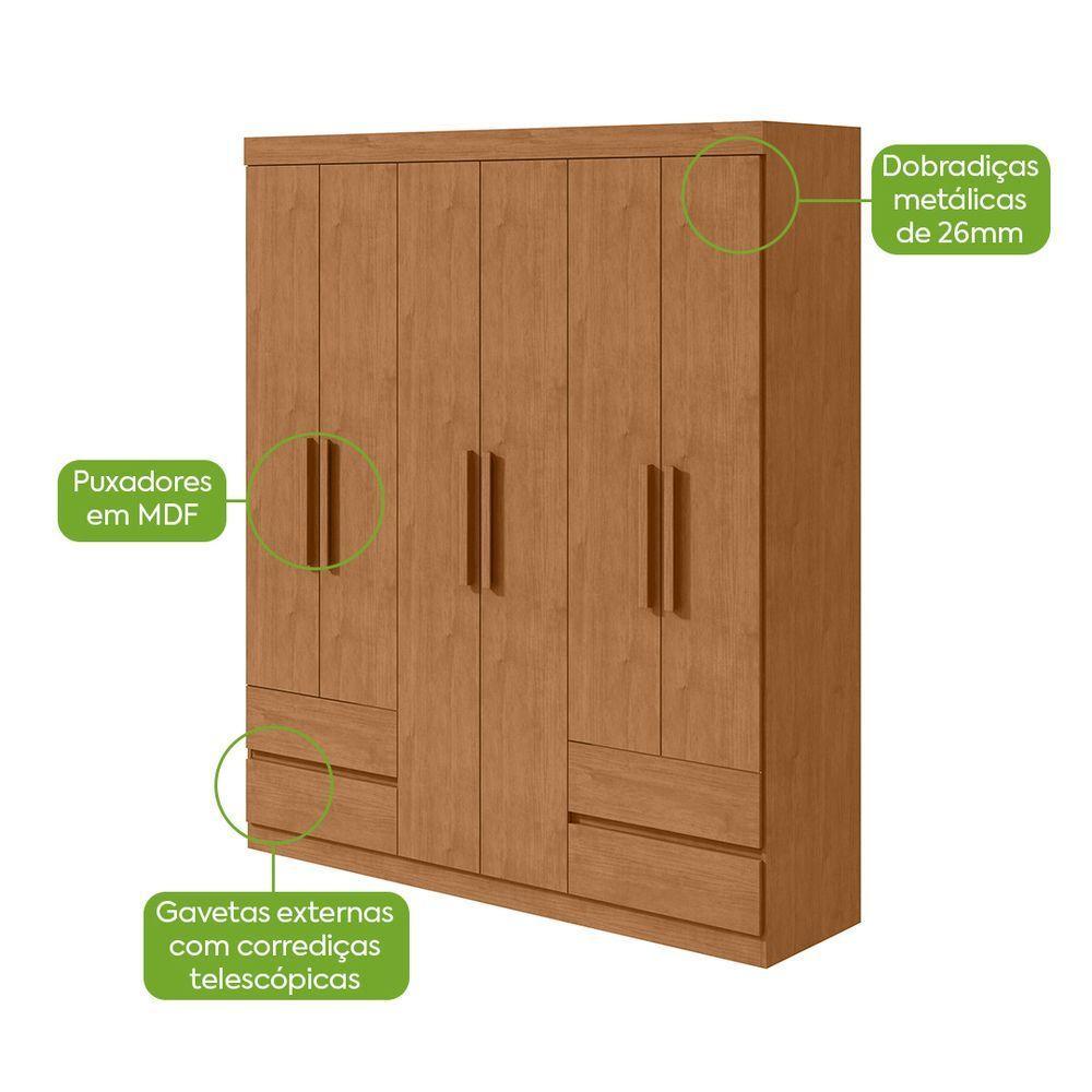 Guarda-roupas 6 Portas 4 Gavetas Com Pés Sem Espelho Zeus Amendoa Clean - 3