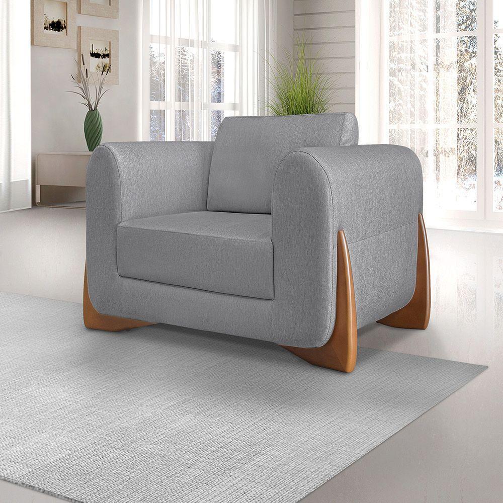 Poltrona Sala De Estar Base De Madeira Clarissa Linho S04 - D'rossi Cor Cinza - 3