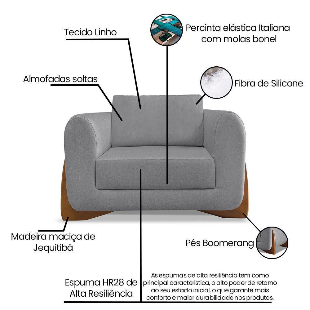Poltrona Sala De Estar Base De Madeira Clarissa Linho S04 - D'rossi Cor Cinza - 7