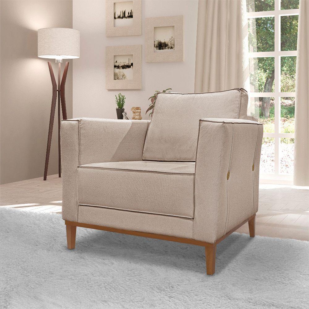 Poltrona Base De Madeira Sala De Estar Grace Linho S04 - D'rossi Cor Areia - 3