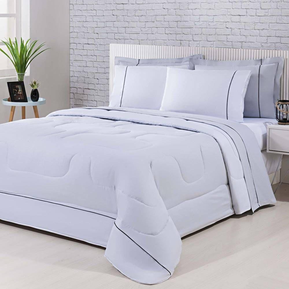 Kit Edredom 100% Algodão Percal 150 Fios Dupla Face King + Jogo De Cama Gran Moratta 7 Peças - Branco- Cinza - 1