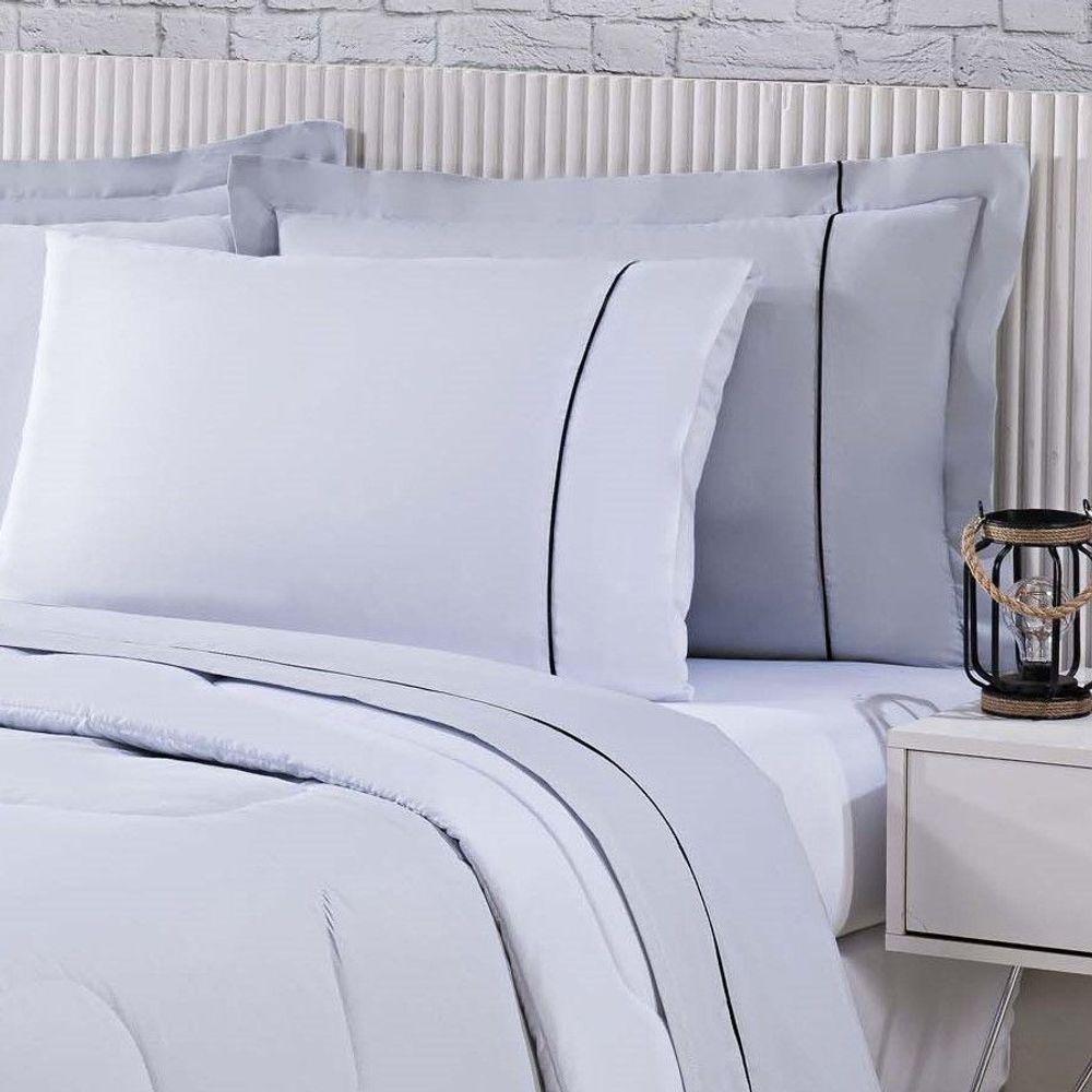 Kit Edredom 100% Algodão Percal 150 Fios Dupla Face King + Jogo De Cama Gran Moratta 7 Peças - Branco- Cinza - 2