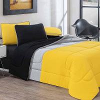 Kit Edredom + Jogo De Lençol Malha 100% Algodão Urbano 5 Peças Solteiro - Amarelo-mescla-preto - 2