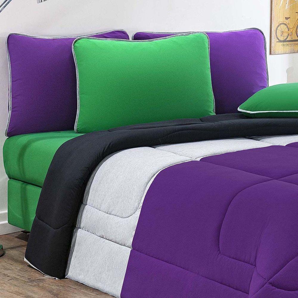 Kit Edredom + Jogo De Lençol Malha 100% Algodão Urbano 7 Peças Casal - Roxo-mescla-preto - 2