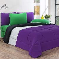 Kit Edredom + Jogo De Lençol Malha 100% Algodão Urbano 7 Peças Casal - Roxo-mescla-preto - 1